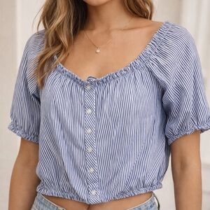 Ambiance Blue & White Striped Puff-Sleeve Crop Blouse